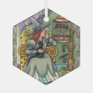 MOOIE HEKS, KAT EN HAAR HUISDIEREN, VLEERMUISKOOI, GLAS ORNAMENT