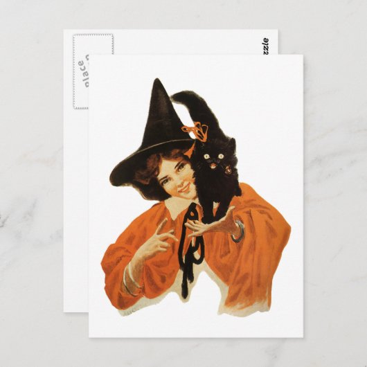 mooie heks met zwarte kat op schouder briefkaart (Voorkant / Achterkant)