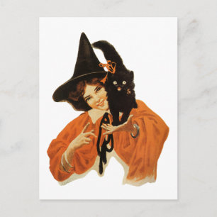  mooie heks met zwarte kat op schouder briefkaart