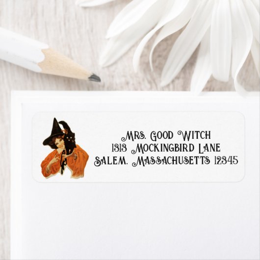 mooie heks met zwarte kat op schouder etiket (Insitu)