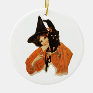 mooie heks met zwarte kat op schouder keramisch ornament