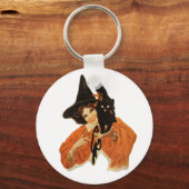mooie heks met zwarte kat op schouder sleutelhanger (Voorkant)