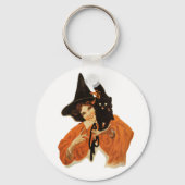 mooie heks met zwarte kat op schouder sleutelhanger (Achterkant)