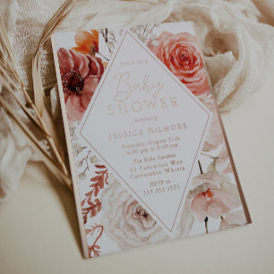 Mooie herfst bloemige & roze gouden baby shower folie uitnodiging