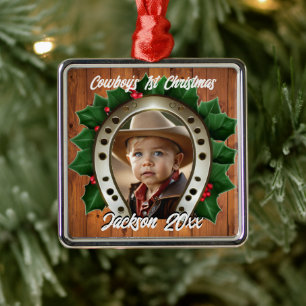 Mooie Holly en Hoefijzer Eerste Kerstmis Metalen Ornament