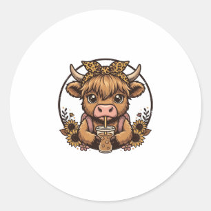 Mooie Hoogland Koe Coffee Zonnebloem Vintage T-shi Ronde Sticker