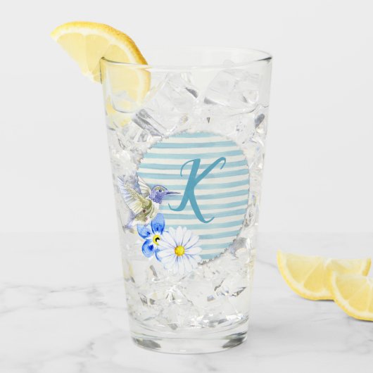 Mooie Hummingbird Blue Floral Monogram Drink Glas (Voorkant ijs)