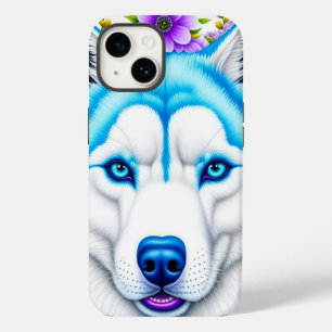 Mooie husky met blauwe ogen en grillige bloemen Case-Mate iPhone 14 hoesje