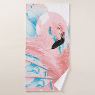 Mooie illustratie met getekende roze flamingo en badhanddoek