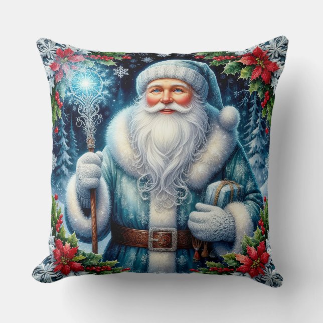 Mooie in het blauw geklede kerstman met winterdeco kussen (Voorkant)