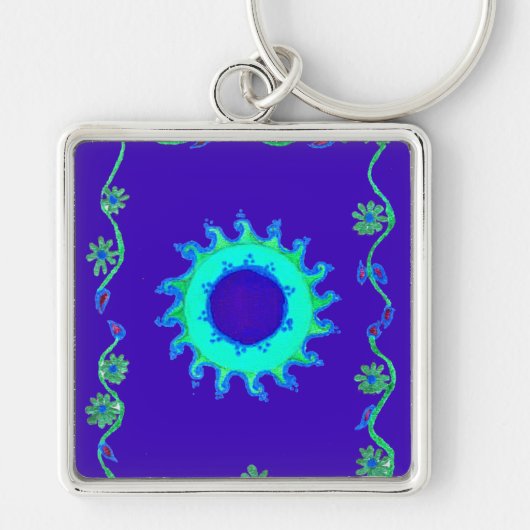 Mooie iriserende blauwe bloemenkunst olieverfschil sleutelhanger (Voorkant)