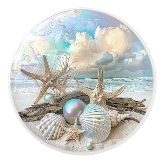 Mooie iriserende schelp zeesterren strand oceaan keramische knop (Voorkant)