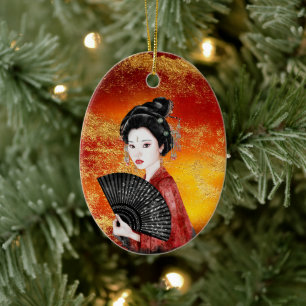 Mooie Japanse Geisha Gold, rode kerst Keramisch Ornament