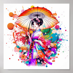 Mooie Japanse Vrouw in Kimono Parasol Poster