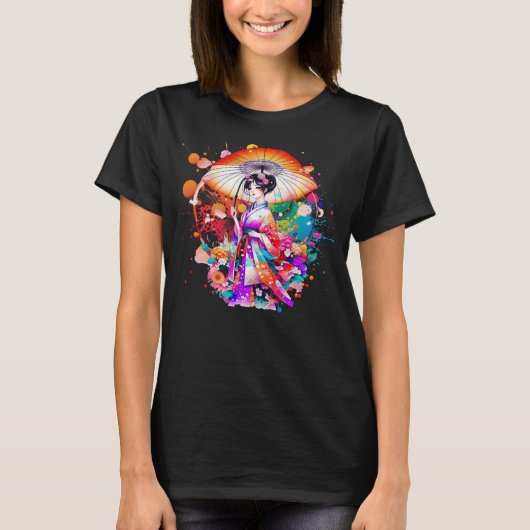 Mooie Japanse Vrouw in Kimono Parasol T-shirt (Voorkant)