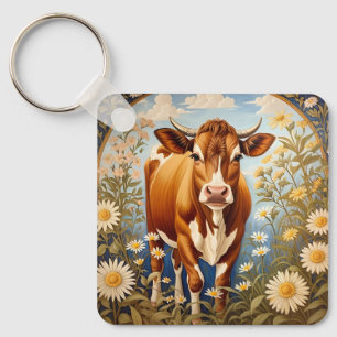 Mooie Jersey Koe in Daisy veld Vintage Sleutelhanger