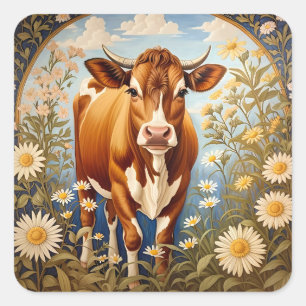 Mooie Jersey Koe in Daisy veld Vintage Vierkante Sticker