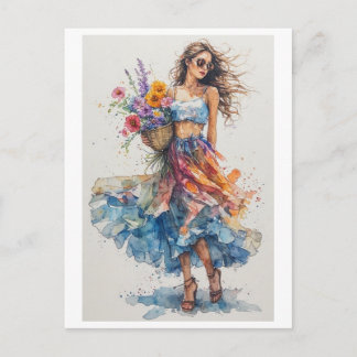 Mooie Jonge Dame met Bloemen op een Feestdagenkaart