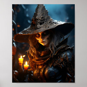 Mooie Jonge Halloween Heks Geweldige Portret Poster