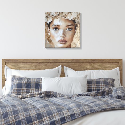 Mooie Jonge Mode Model Bloemenportretkunst Canvas Afdruk (Insitu (Slaapkamer))