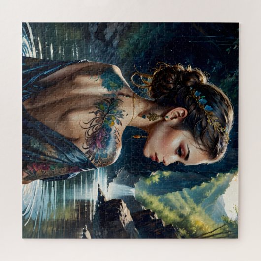 Mooie jonge vrouw met tatoeage op haar schouder. legpuzzel (Horizontaal)