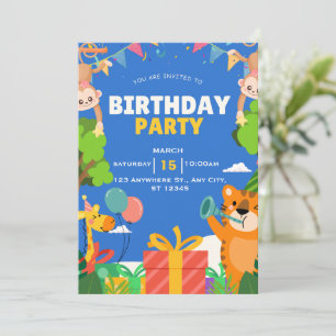 Mooie Jungle Safari Dieren Blauwe Verjaardagsfeest Kaart
