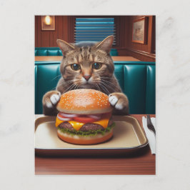 Mooie kat bij een diner met een cheeseburger briefkaart