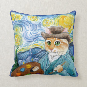 Mooie kat cartoon Van Gogh Sterrennacht kussen