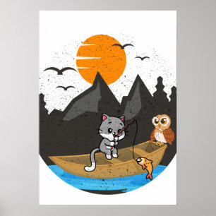 Mooie kat en uil vissen boot natuur kunst poster