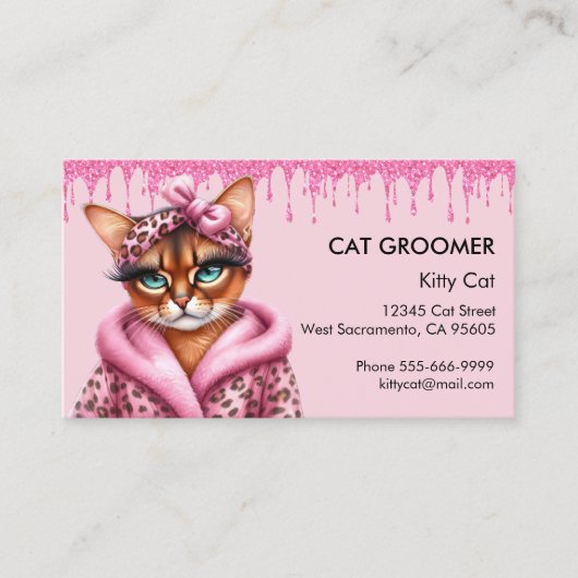 Mooie kat groomer sitter roze glitter druppelen visitekaartje (Voorkant)