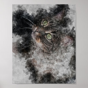 Mooie kat grote groene ogen waterverf schilderij poster