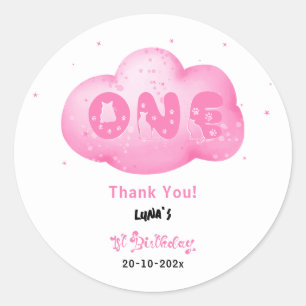 Mooie kat lettertype waterverf roze wolk 1e verjaa ronde sticker