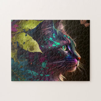 Mooie kat met bladeren - AI-kunst Legpuzzel