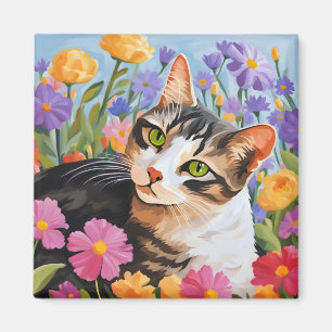 Mooie kat met bloemen magneet
