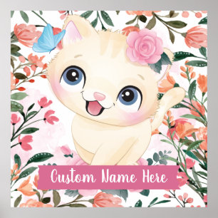 Mooie Kat Roze Rozen Blos Bloemen Aangepaste Naam Poster