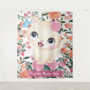 Mooie Kat Roze Rozen Blos Bloemen Aangepaste Naam Wandkleed