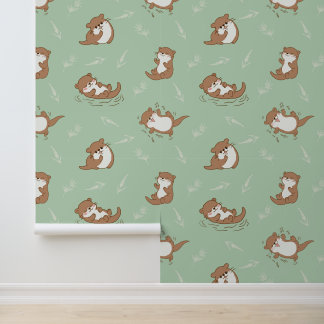 Mooie Kawaii Otter Naadloos Patroon op Saliegroen Behang