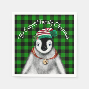 Mooie kerst pinguïn groen zwart geruit servet