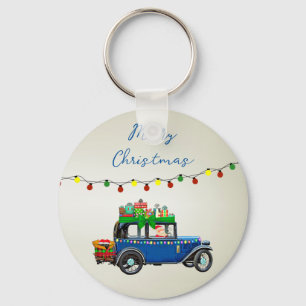 Mooie, kerstblauwe auto met kerstman en cadeautjes sleutelhanger