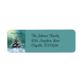 Mooie kerstboom met sneeuw en gouden lampjes etiket (Voorkant)