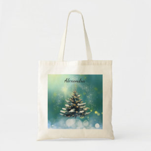 Mooie kerstboom met sneeuw en gouden lampjes tote bag