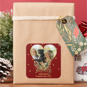 Mooie kerstfeestelijke Glitter Star Heart Foto Red Vierkante Sticker