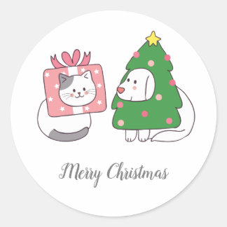 Mooie kerstkat en hond-Cartoon Ronde Sticker