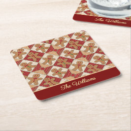 Mooie kerstmannen patchwork patroon stijl vierkante kartonnen onderzetter