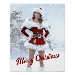 Mooie Kerstmisvrouw over Wintersneeuw Perfect Poster