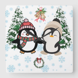 Mooie Kerstpinguïns Winter Vierkante Wandklok Klok