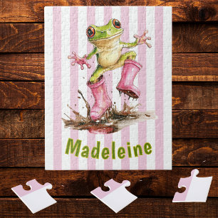 Mooie kikker in roze regenlaarzen met monogram legpuzzel