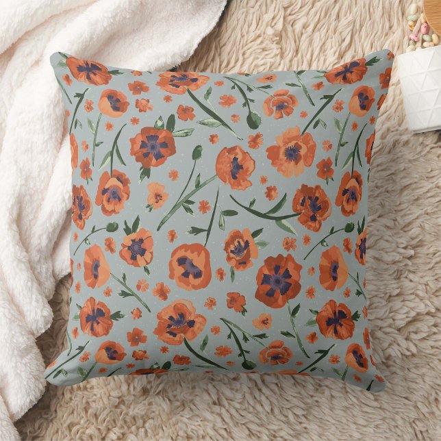 Mooie klaprozen Sinaasappel Kussen (Exquisite Hand-Painted Orange Oriental Poppies Throw Pillow from Studio Posies)