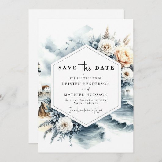 Mooie klassieke golven vuurtoren bruiloft save the date (Voorkant / Achterkant)