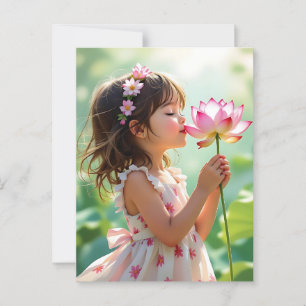 Mooie kleine meid die een roze roos ruikt briefkaart